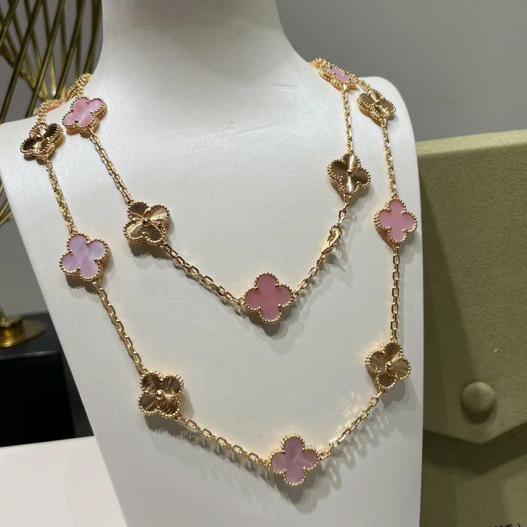[LuckyStar]CLOVER 20 MOTIFS LASER PINK MOP NECKLACE