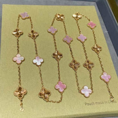 [LuckyStar]CLOVER 20 MOTIFS LASER PINK MOP NECKLACE