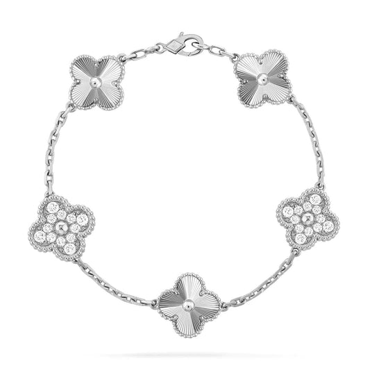 [LuckyStar]Silberarmband mit 5 Kleeblatt-Motiven und Diamanten