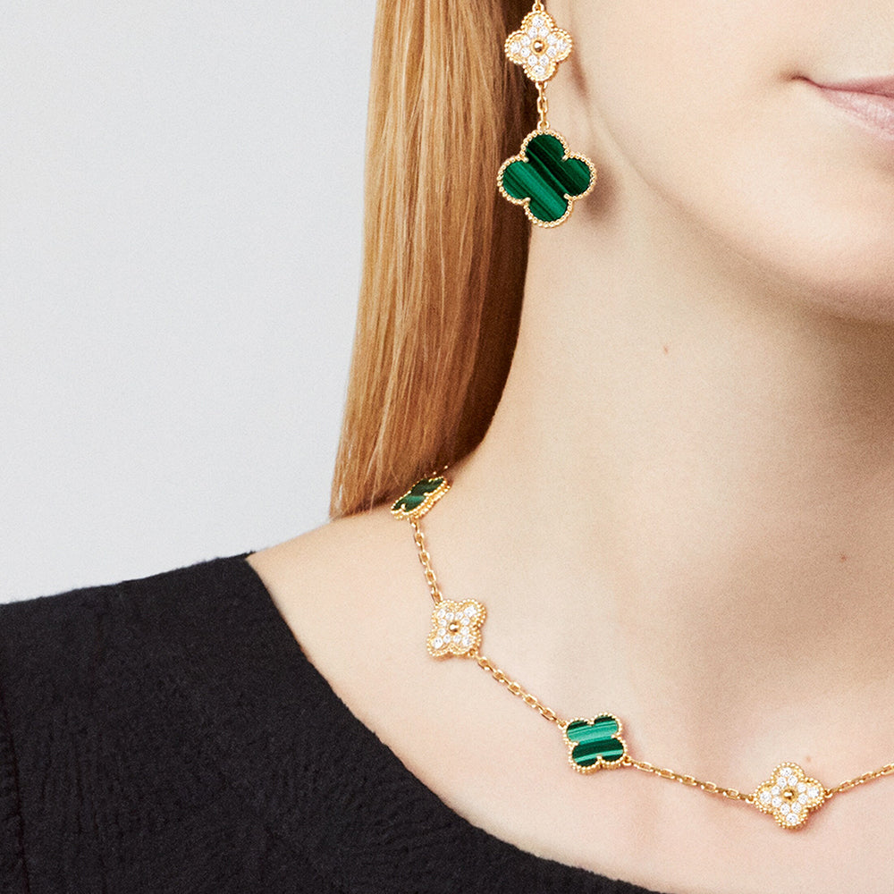 [LuckyStar]CLOVER 10 MOTIFS MALACHITE DIAMOND NECKLACE