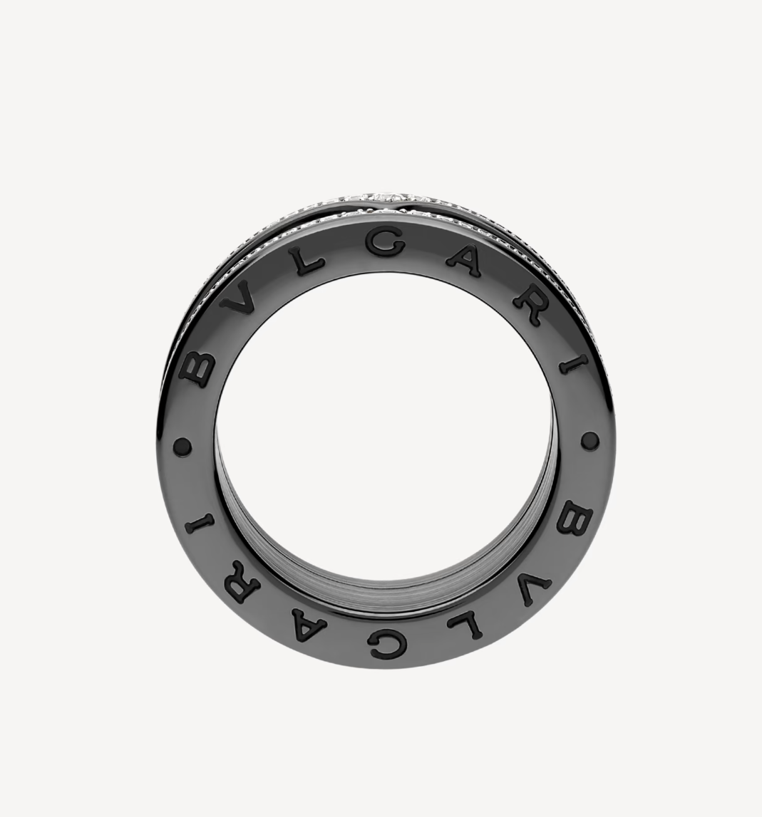 [LuckyStar]ZERO 1 ROCK FOUR-BAND BLACK CERAMIC WITH STUDDED SPIRAL AND PAVED DIAMONDS RING