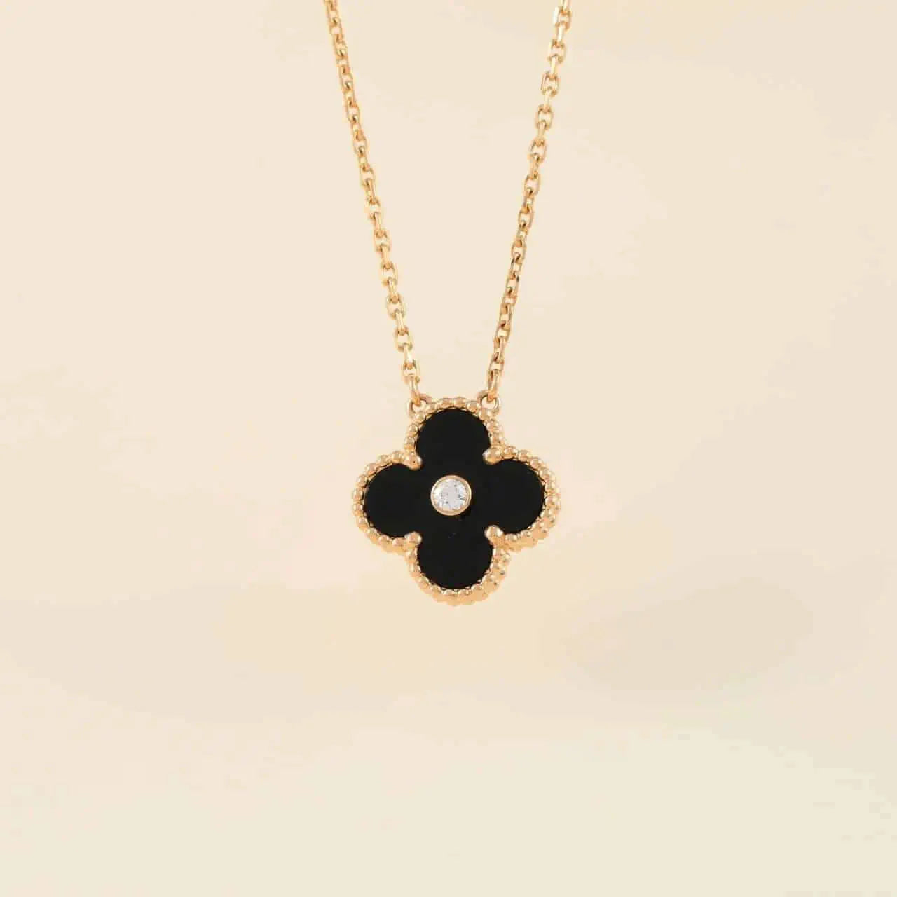 [LuckyStar]CLOVER 15MM DIAMANT-ONYX-HALSKETTE