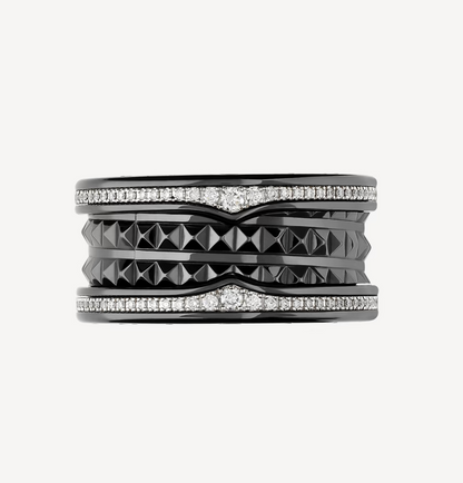 [LuckyStar]ZERO 1 ROCK FOUR-BAND BLACK CERAMIC WITH STUDDED SPIRAL AND PAVED DIAMONDS RING
