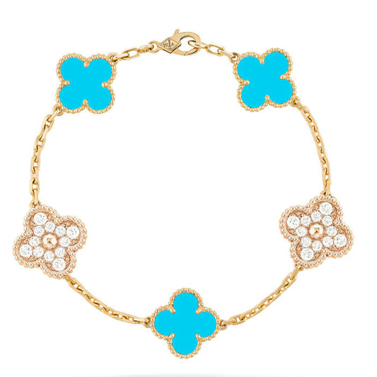 [LuckyStar]Klee 5 Motiv Türkis Diamant Gold Armband