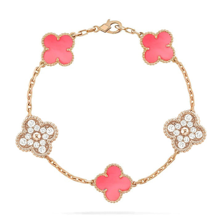 [LuckyStar] Armband aus rosa Kleeblatt-5-Motiv mit Diamanten
