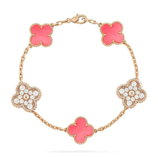 [LuckyStar] Armband aus rosa Kleeblatt-5-Motiv mit Diamanten