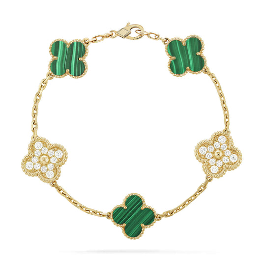 [LuckyStar] Armband mit Kleeblatt-5-Motiv, Malachit und Diamanten
