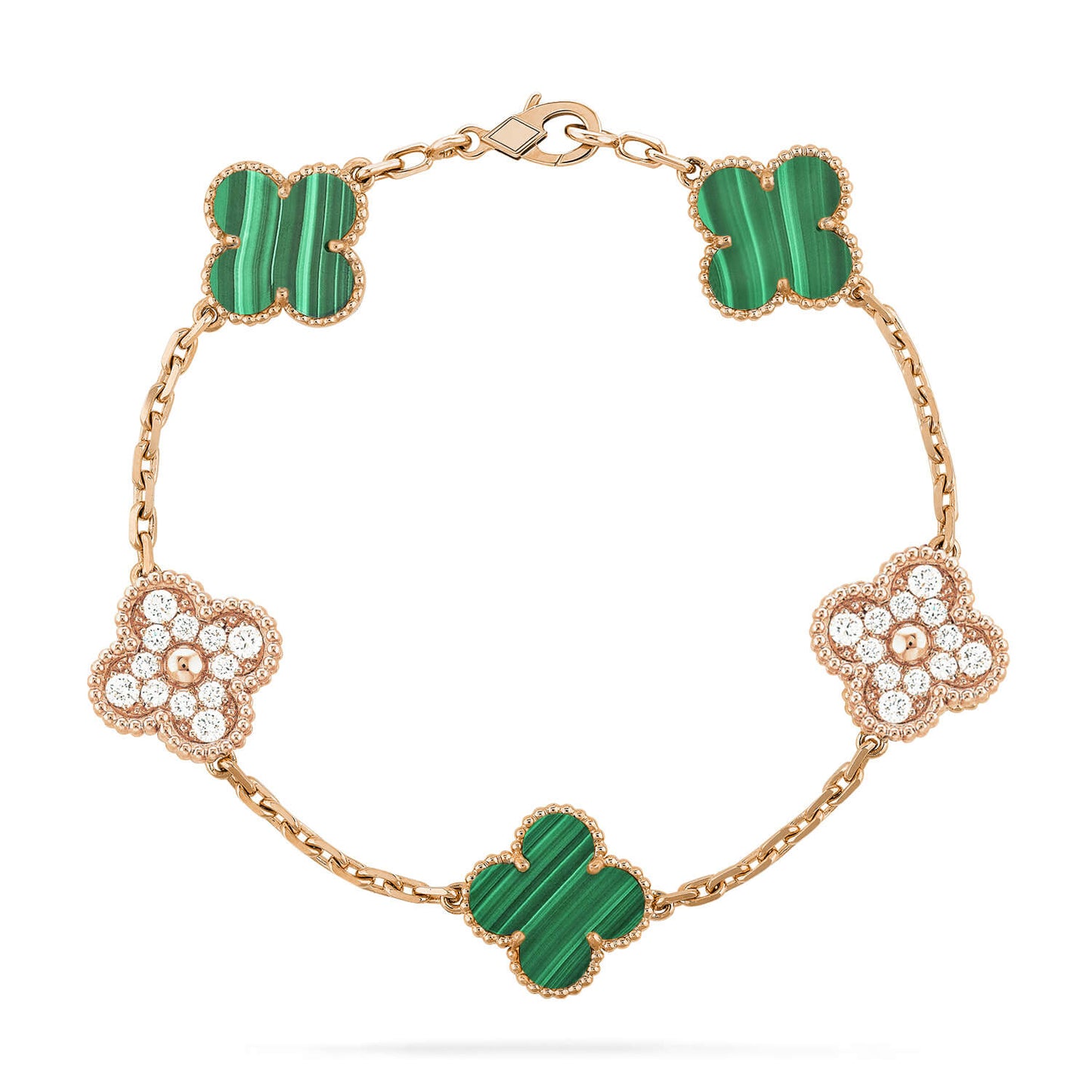 [LuckyStar] Armband mit Kleeblatt-5-Motiv, Malachit und Diamanten