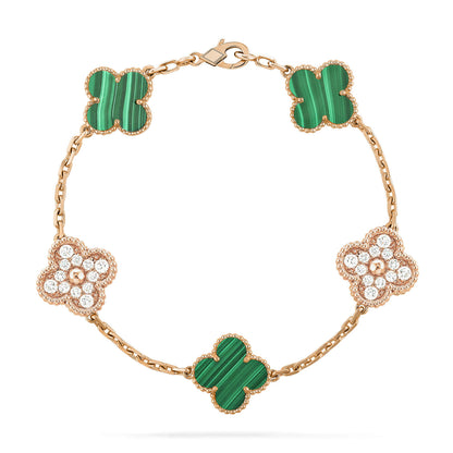 [LuckyStar] Armband mit Kleeblatt-5-Motiv, Malachit und Diamanten