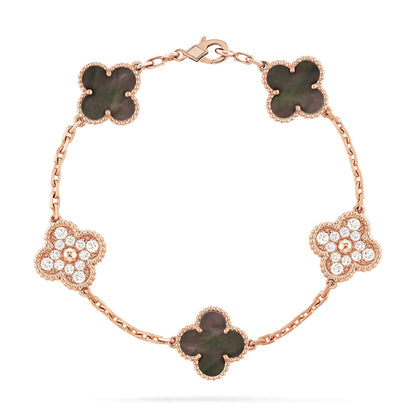[LuckyStar] Armband aus Roségold mit Kleeblatt und 5 Motiven, dunklem Perlmutt und Diamanten 
