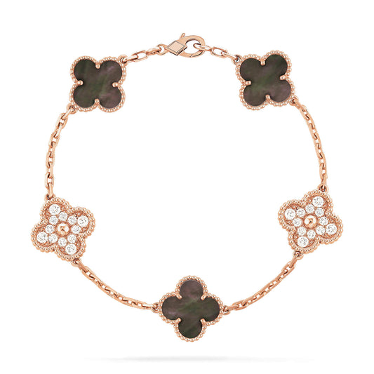 [LuckyStar] Armband aus Roségold mit Kleeblatt und 5 Motiven, dunklem Perlmutt und Diamanten 