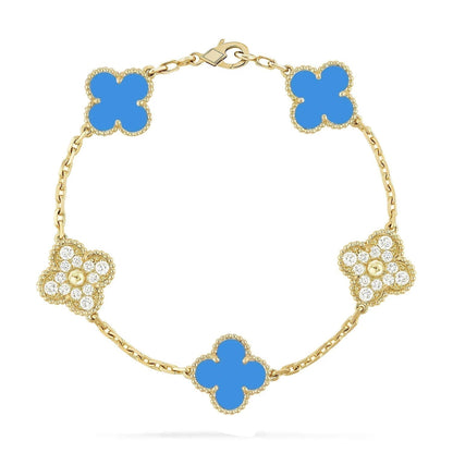 [LuckyStar]CLOVER 5 MOTIV BLAUER CHALCEDON DIAMANT GOLDARMBAND 
