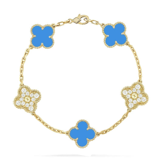 [LuckyStar]CLOVER 5 MOTIV BLAUER CHALCEDON DIAMANT GOLDARMBAND 