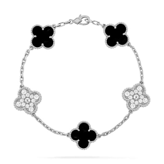 [LuckyStar]CLOVER 5 MOTIV ONYX DIAMANT ARMBAND SILBER 