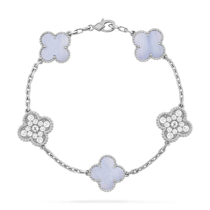 [LuckyStar]CLOVER 5 MOTIV DIAMANT LILA CHALCEDON ARMBAND SILBER 