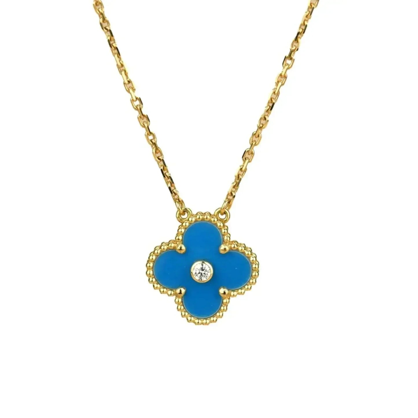 [LuckyStar]CLOVER 15MM DIAMANT UND BLAUER ACHAT HALSKETTE