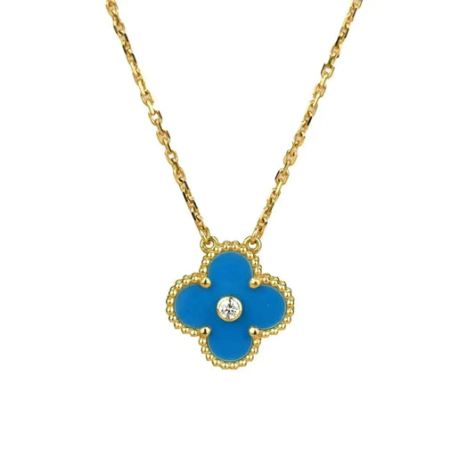 [LuckyStar]CLOVER 15MM DIAMANT UND BLAUER ACHAT HALSKETTE