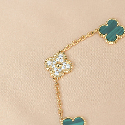 [LuckyStar] Armband mit Kleeblatt-5-Motiv, Malachit und Diamanten