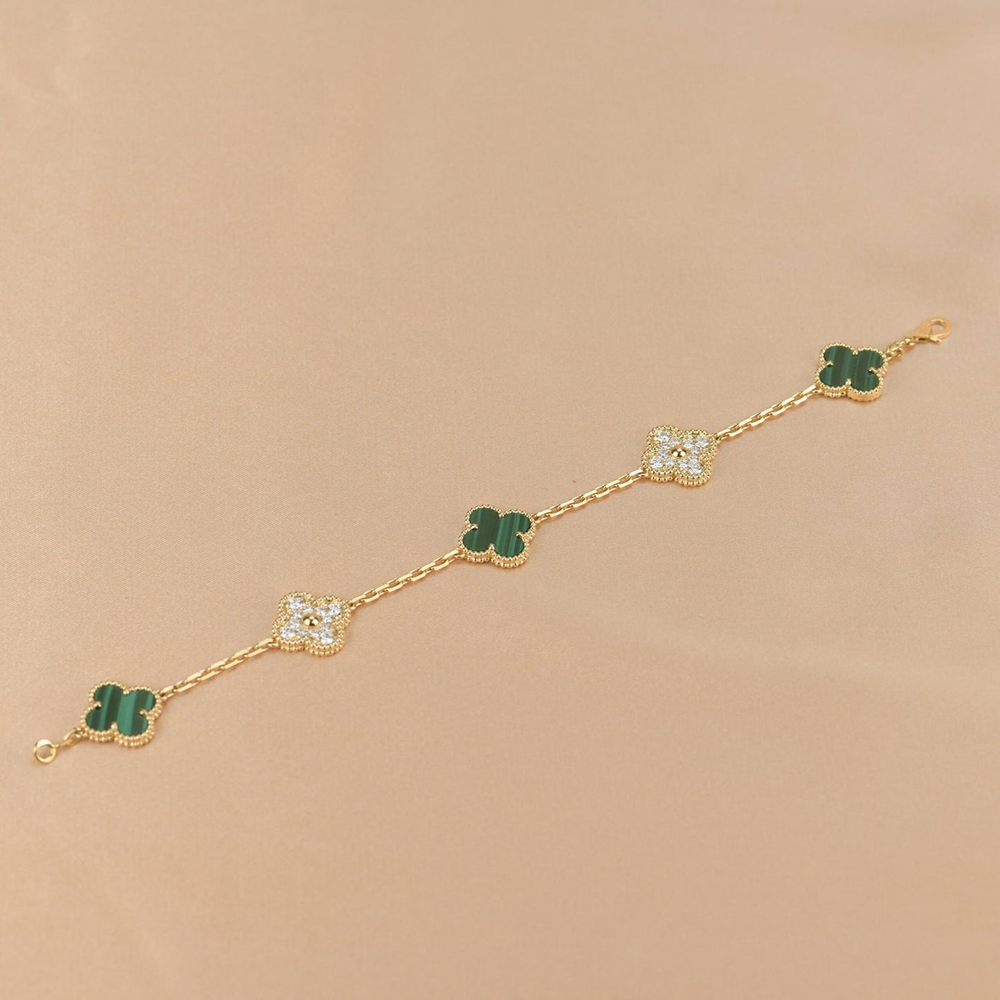 [LuckyStar] Armband mit Kleeblatt-5-Motiv, Malachit und Diamanten