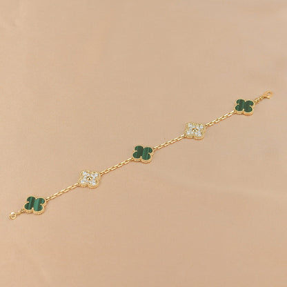 [LuckyStar] Armband mit Kleeblatt-5-Motiv, Malachit und Diamanten