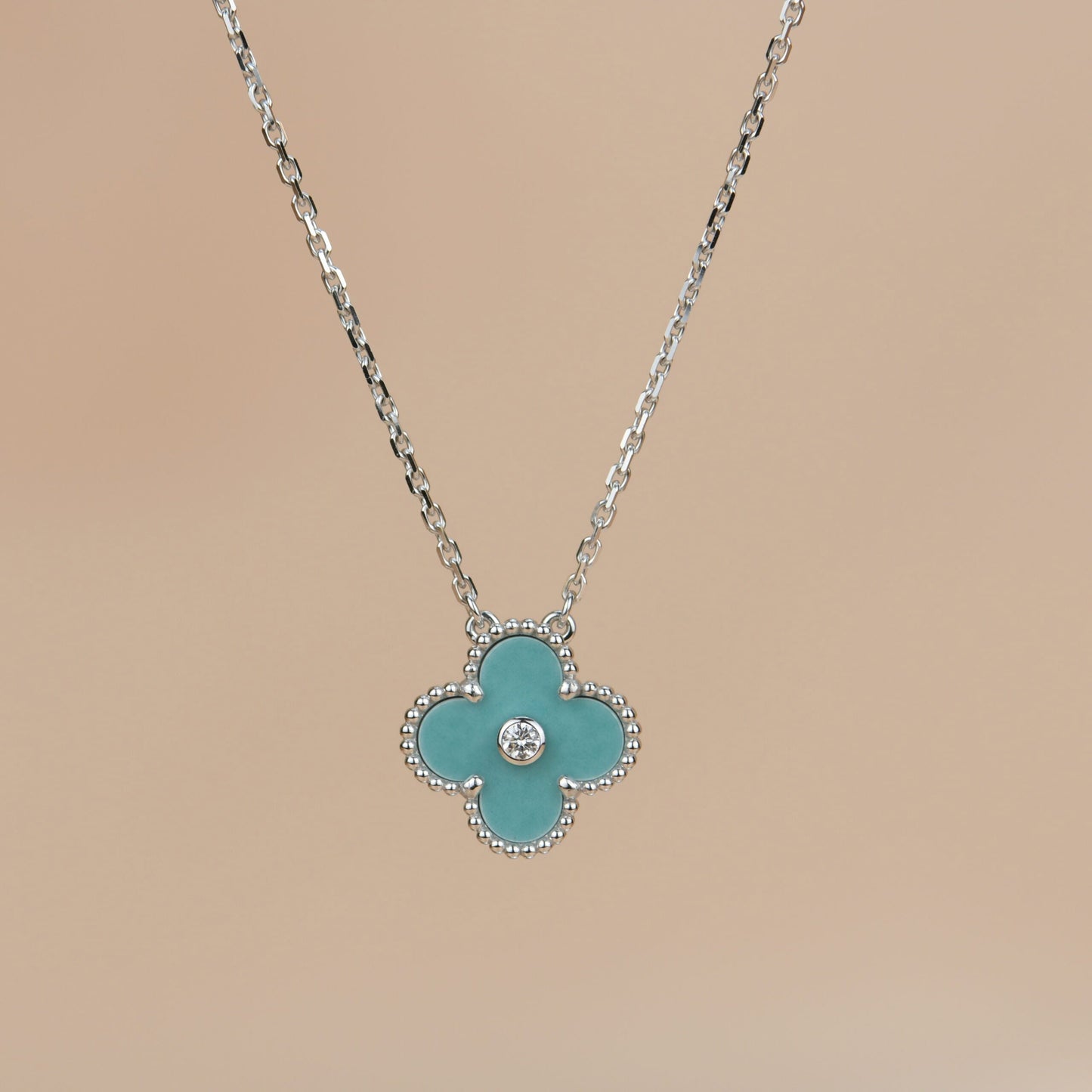 [LuckyStar]CLOVER 15MM DIAMANT SVRES PORZELLAN HALSKETTE SILBER