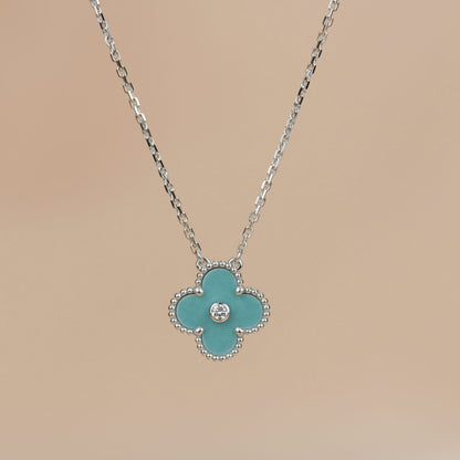 [LuckyStar]CLOVER 15MM DIAMANT SVRES PORZELLAN HALSKETTE SILBER