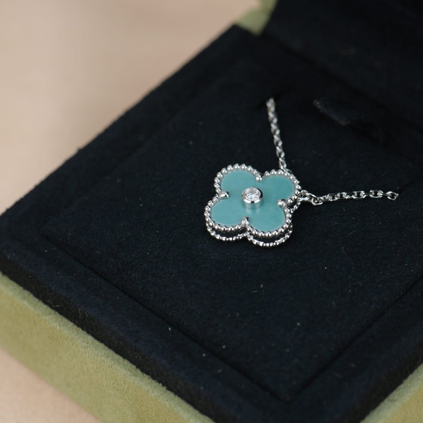 [LuckyStar]CLOVER 15MM DIAMANT SVRES PORZELLAN HALSKETTE SILBER