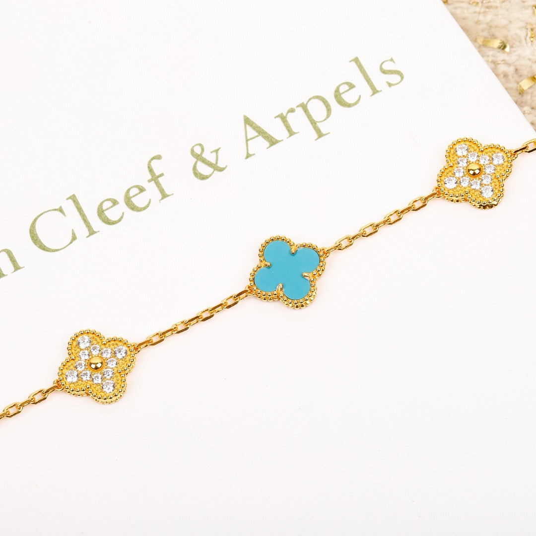 [LuckyStar]Klee 5 Motiv Türkis Diamant Gold Armband