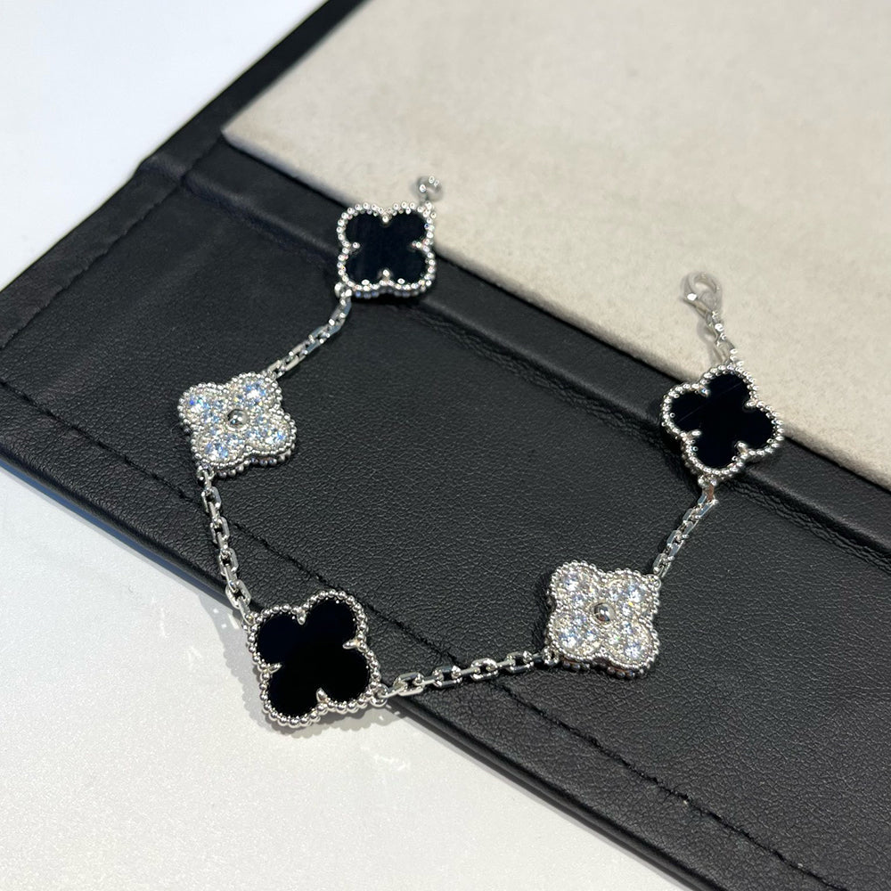 [LuckyStar]CLOVER 5 MOTIV ONYX DIAMANT ARMBAND SILBER 