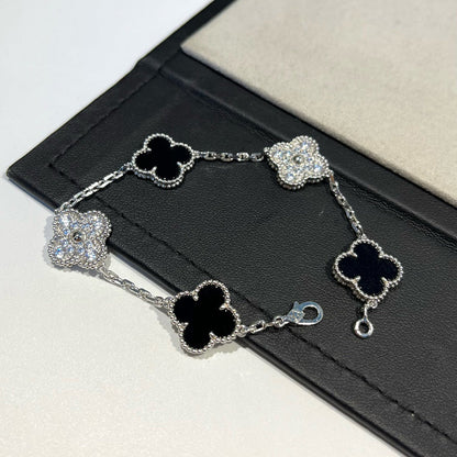 [LuckyStar]CLOVER 5 MOTIV ONYX DIAMANT ARMBAND SILBER 