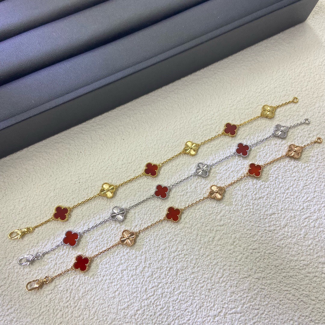 [LuckyStar]CLOVER 6 MOTIF RED AGATE LASER BRACELET