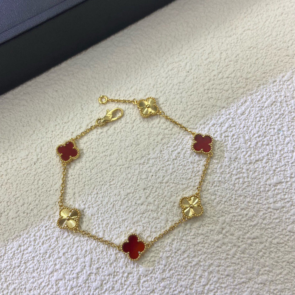 [LuckyStar]CLOVER 6 MOTIF RED AGATE LASER BRACELET