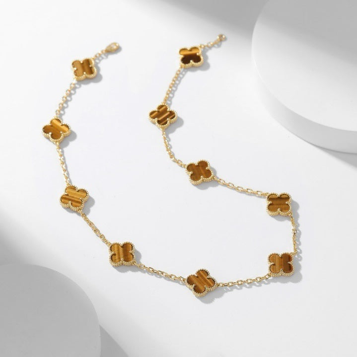[LuckyStar]CLOVER 10 MOTIFS TIGER EYE NECKLACE