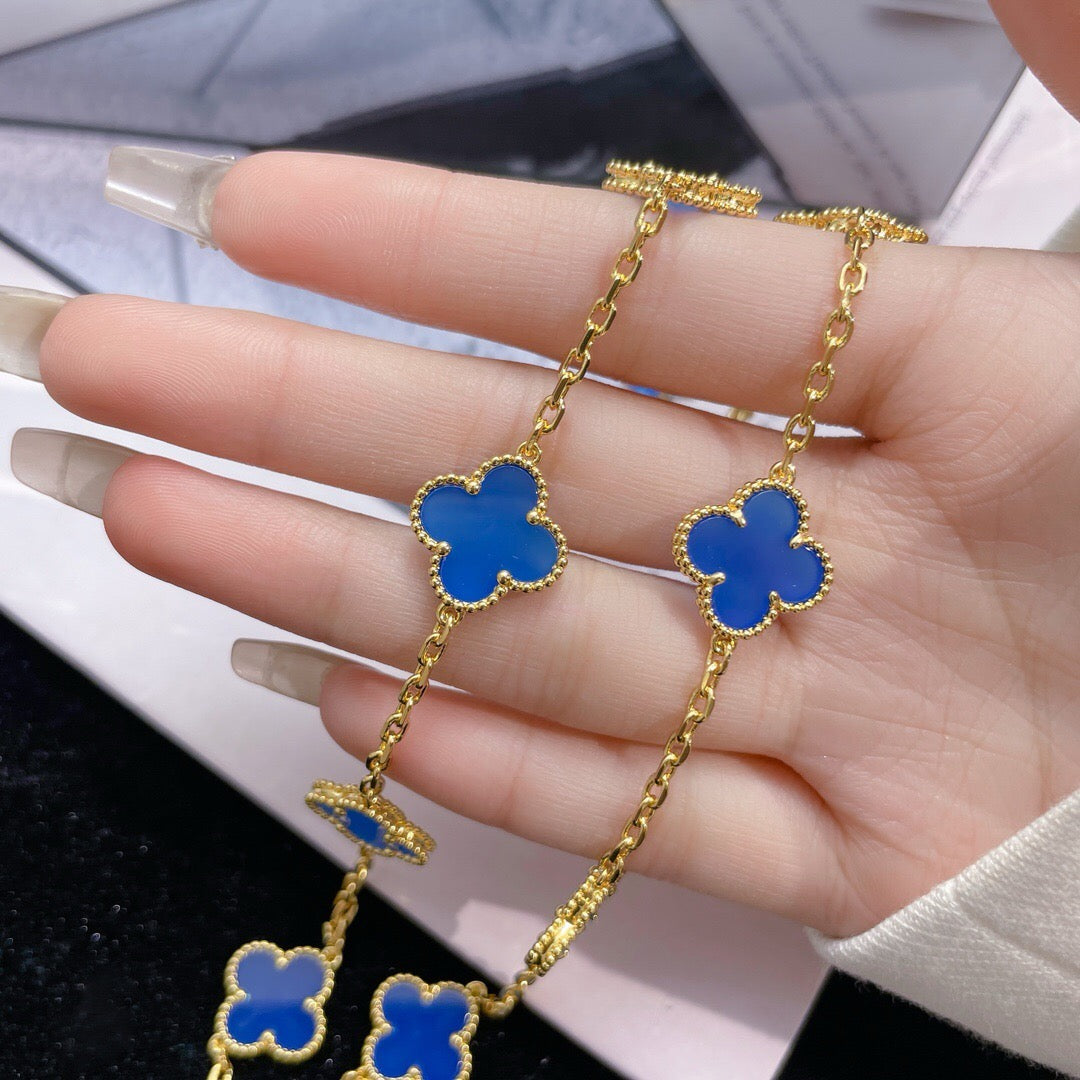 [LuckyStar]CLOVER 10 MOTIFS BLUE AGATE NECKLACE