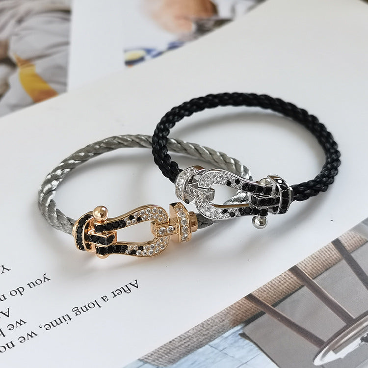 [LuckyStar]FORCE GROSSES HUFEISEN-ARMBAND MIT SCHWARZEN WEISSEN DIAMANTEN, SILBER