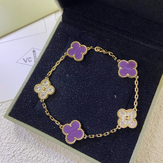 [LuckyStar]CLOVER  5 MOTIFS  PURPLE VIOLET DIAMOND BRACELET