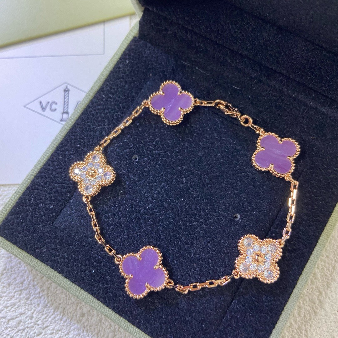 [LuckyStar]CLOVER  5 MOTIFS  PURPLE VIOLET DIAMOND BRACELET