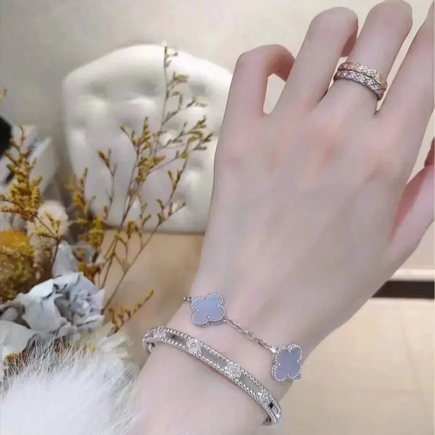 [LuckyStar]CLOVER 5 MOTIV LILA CHALCEDON ARMBAND SILBER 