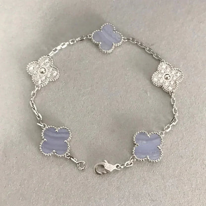 [LuckyStar]CLOVER 5 MOTIV DIAMANT LILA CHALCEDON ARMBAND SILBER 