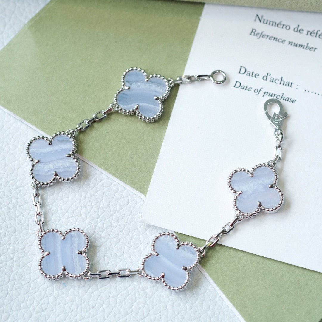 [LuckyStar]CLOVER 5 MOTIV LILA CHALCEDON ARMBAND SILBER 