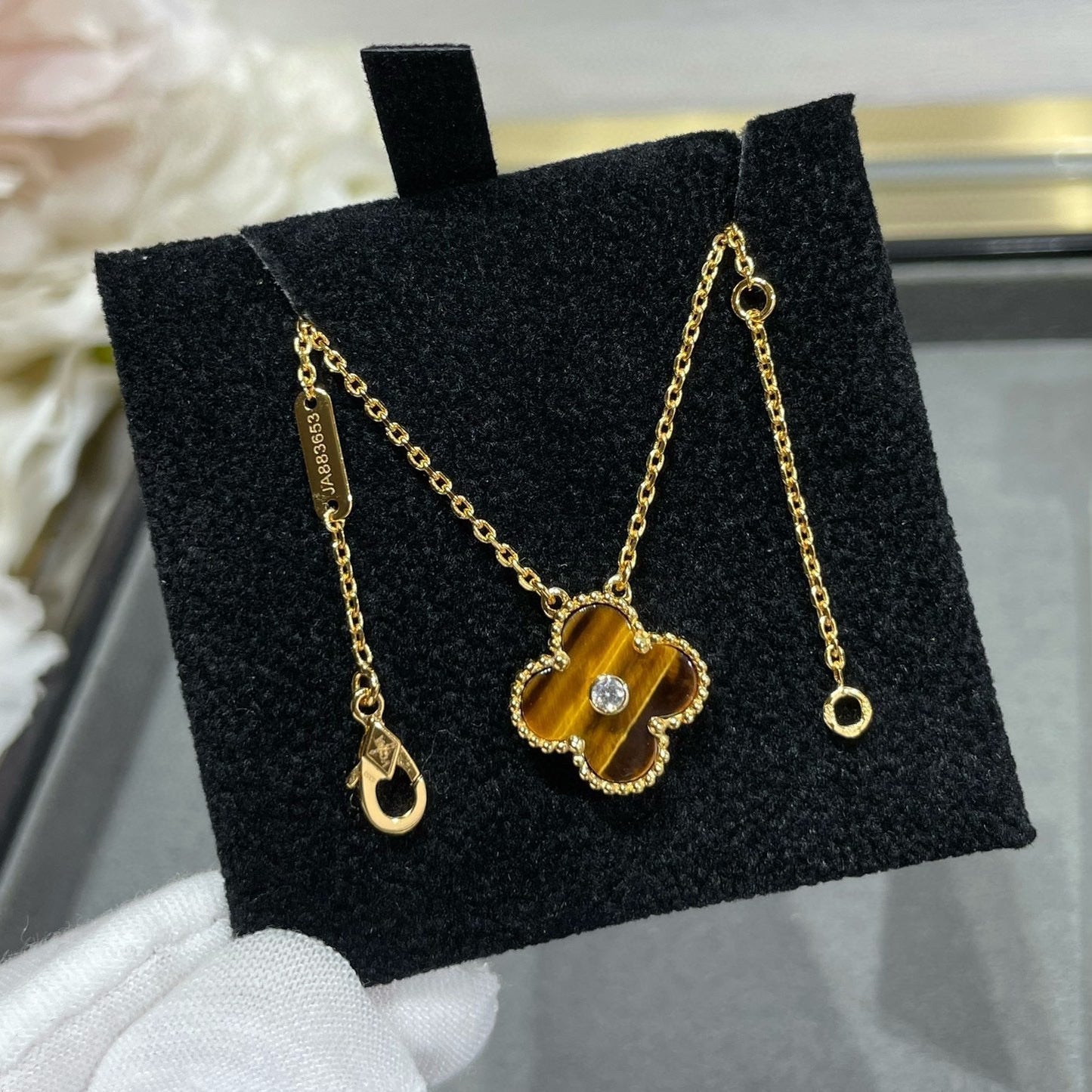 [LuckyStar]CLOVER 15MM DIAMANT UND GELBE TIGERAUGE ACHAT Halskette