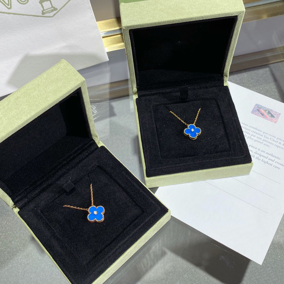 [LuckyStar]CLOVER 15MM DIAMANT UND BLAUER ACHAT HALSKETTE