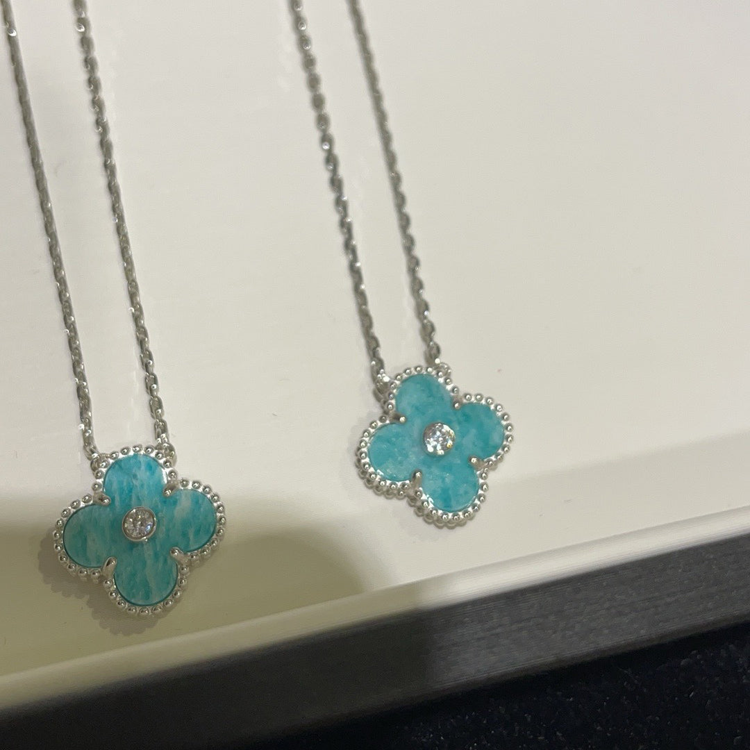 [LuckyStar]CLOVER 15MM DIAMANT SVRES PORZELLAN HALSKETTE SILBER