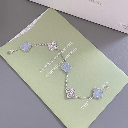 [LuckyStar]CLOVER 5 MOTIV DIAMANT LILA CHALCEDON ARMBAND SILBER 