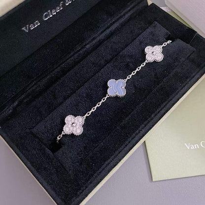 [LuckyStar]CLOVER 5 MOTIV DIAMANT LILA CHALCEDON ARMBAND SILBER 