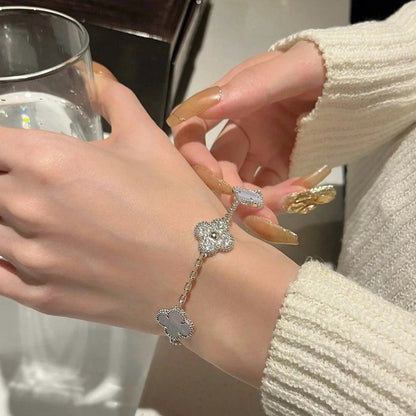 [LuckyStar]CLOVER 5 MOTIV DIAMANT LILA CHALCEDON ARMBAND SILBER 