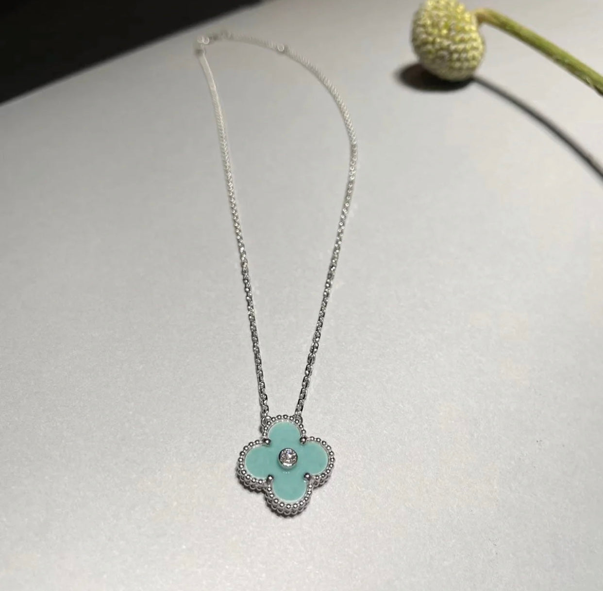 [LuckyStar]CLOVER 1 DIAMANT HELLBLAU SILBER HALSKETTE