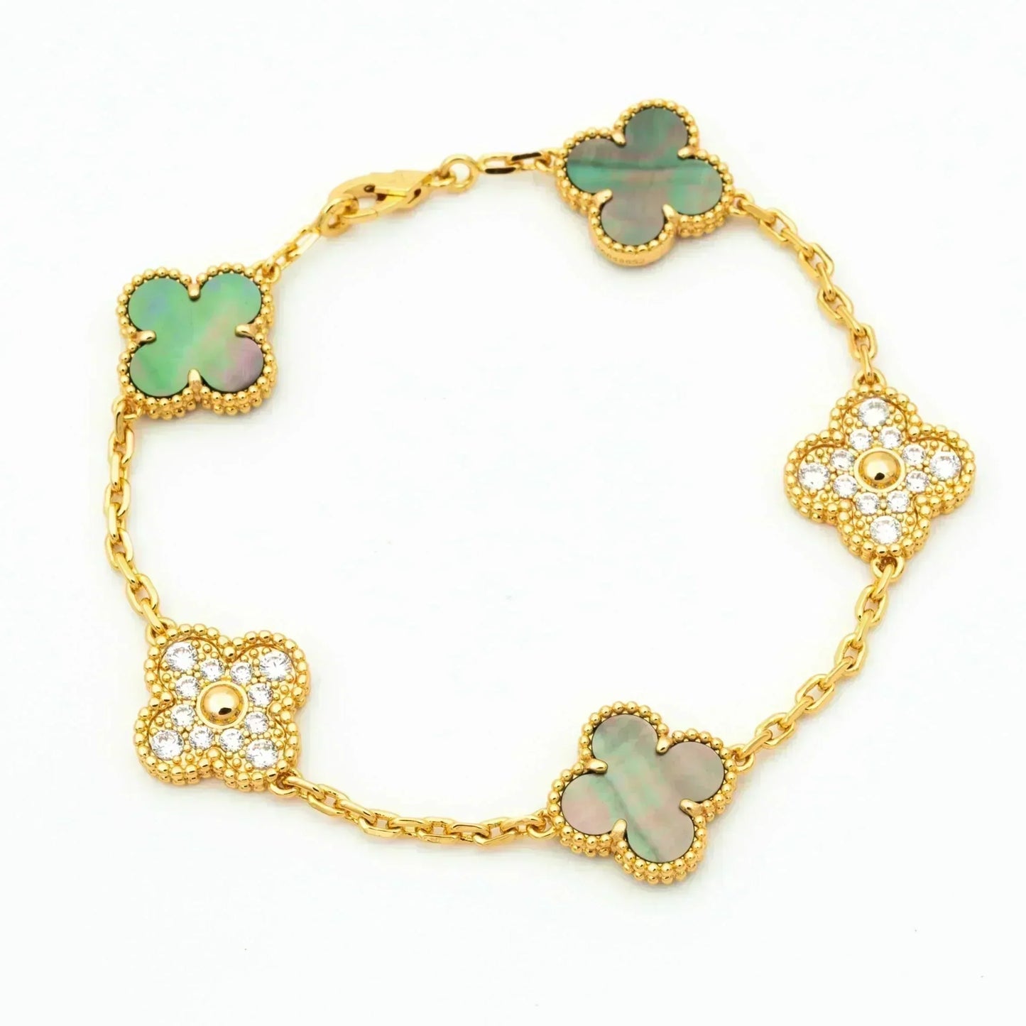 [LuckyStar] Armband mit Kleeblatt-Motiv und grauem Perlmutt