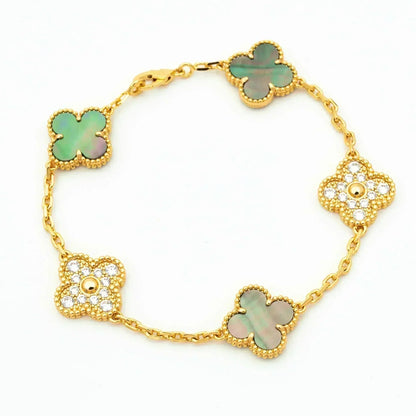 [LuckyStar] Armband mit Kleeblatt-Motiv und grauem Perlmutt