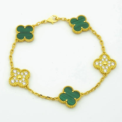[LuckyStar] Armband mit Kleeblatt-5-Motiv, Malachit und Diamanten